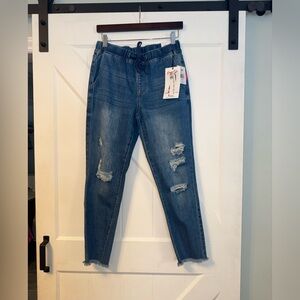 NWT YMI Blue Denim Ripped Cropped Dream Jeans with Freyed Hem, Tie Waist, Size M